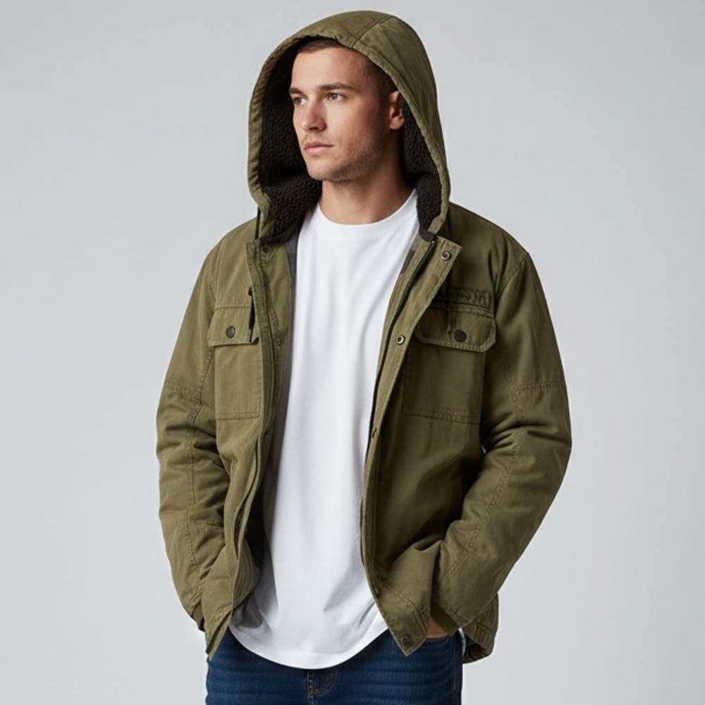 Hurley Olive Green Hooded Jacket | Sherpa Lined | Size L